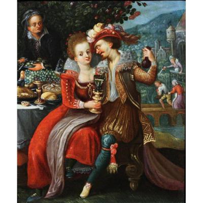 The Banquet, Attributed To Louis De Caullery (1580-1621), Oil On Copper, Antwerp