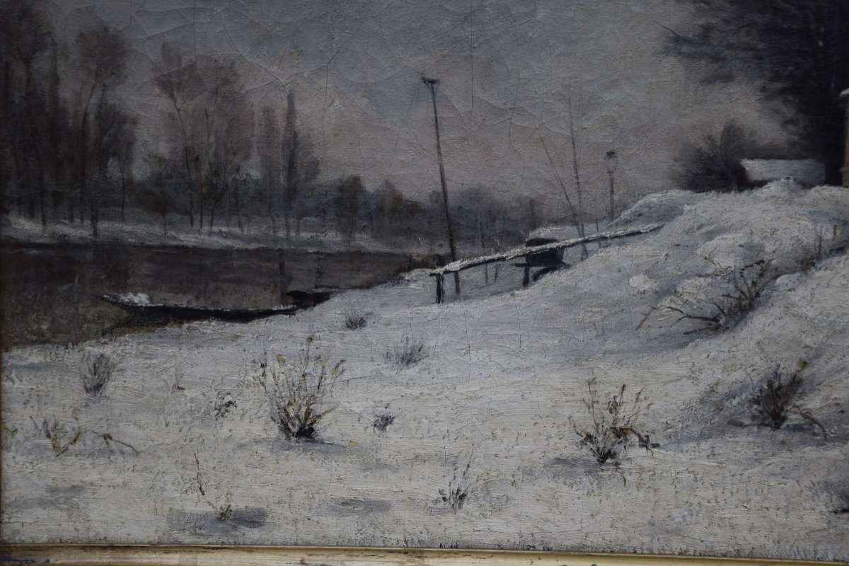Edouard Castres (1838-1902)  "Paysage sous la neige ", huile sur toile -photo-1