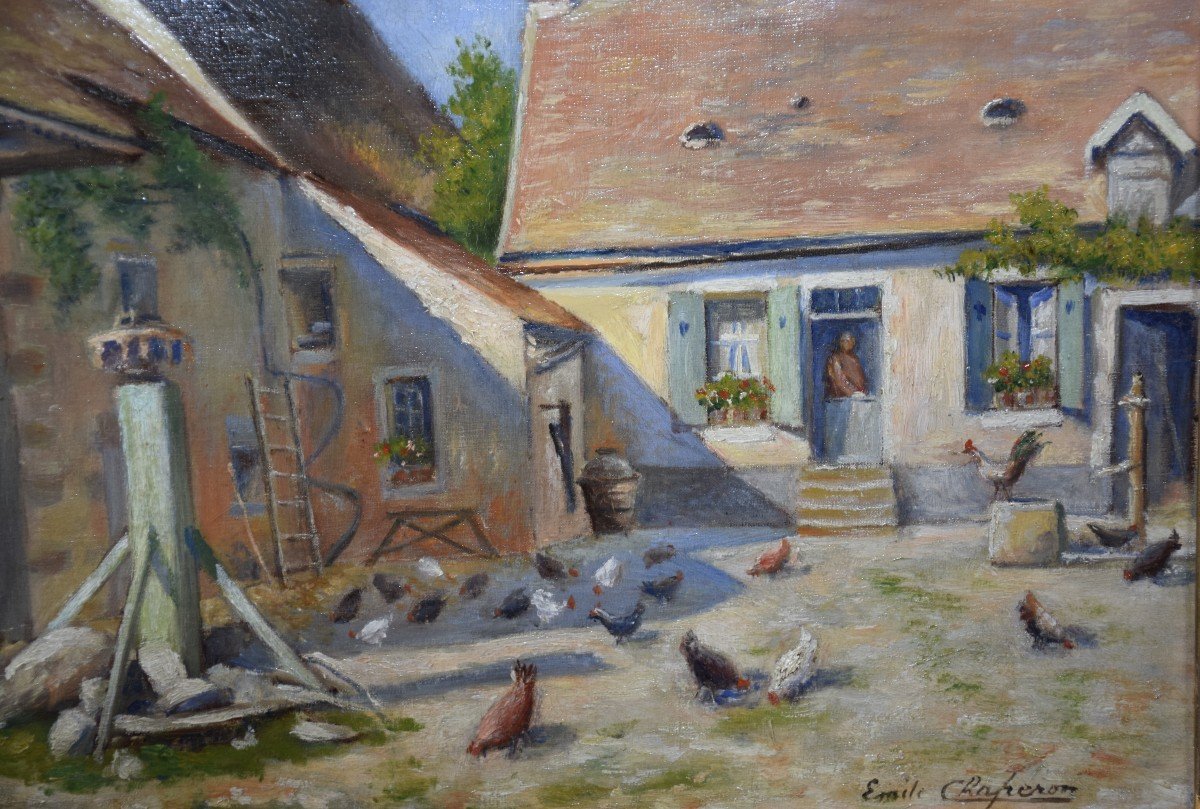 Emile Chaperon (1868-?) Farmyard, Oil On Canvas-photo-2