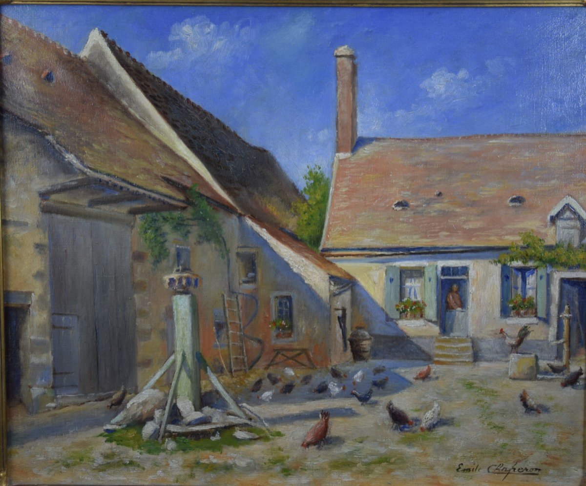 Emile Chaperon  (1868- ? ) Cour de ferme , huile sur toile -photo-4