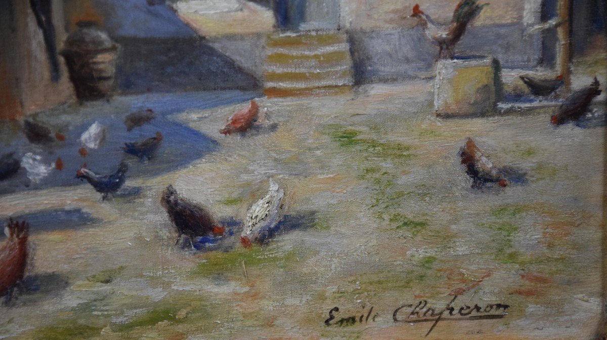 Emile Chaperon (1868-?) Farmyard, Oil On Canvas-photo-1