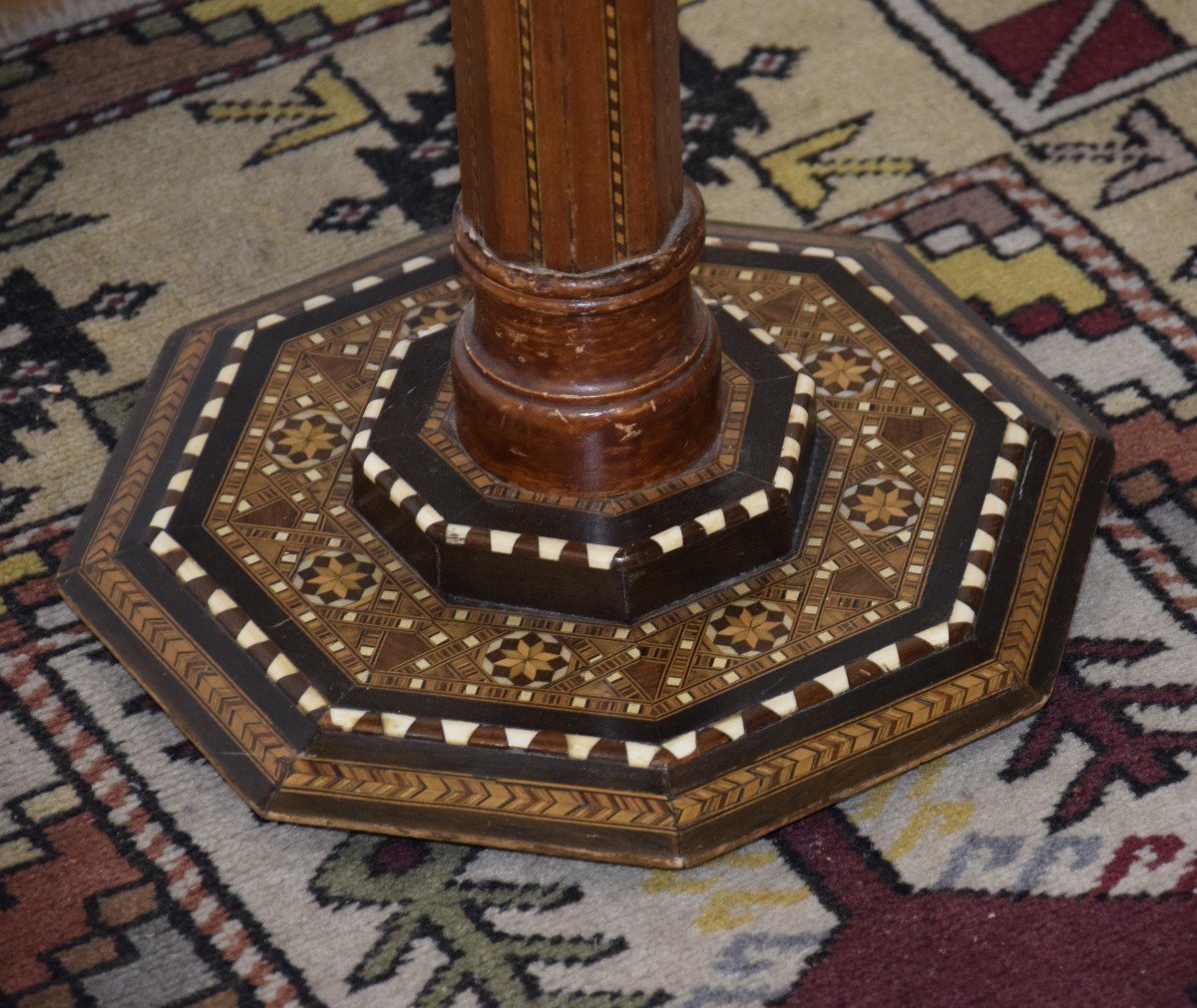 Hexagonal Pedestal Table, Orientalist Marquetry.-photo-2
