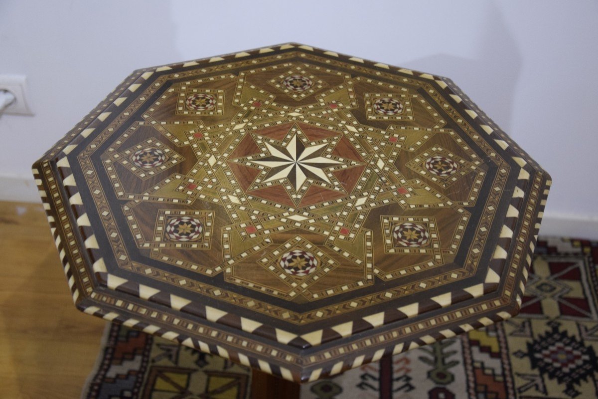 Hexagonal Pedestal Table, Orientalist Marquetry.-photo-3