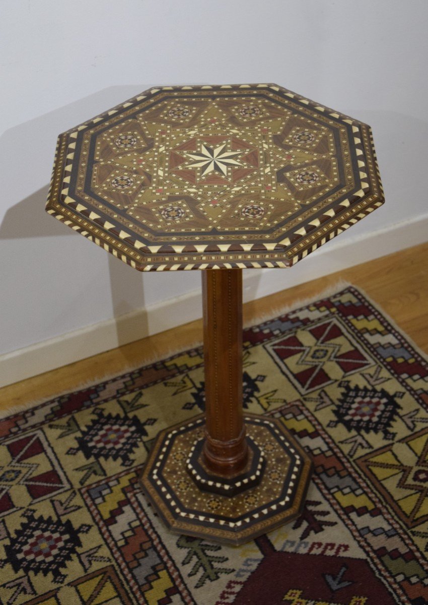 Hexagonal Pedestal Table, Orientalist Marquetry.-photo-4