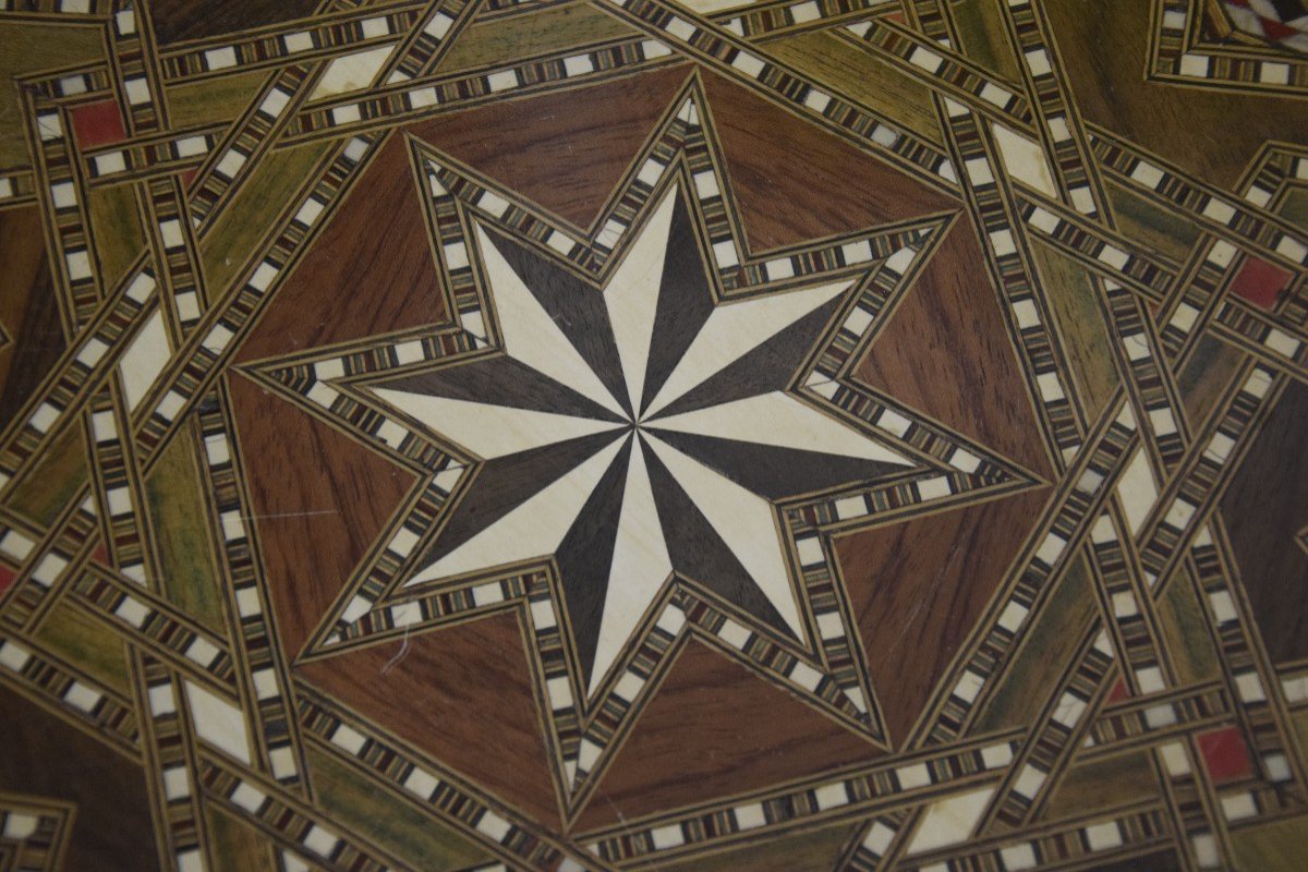 Hexagonal Pedestal Table, Orientalist Marquetry.-photo-3