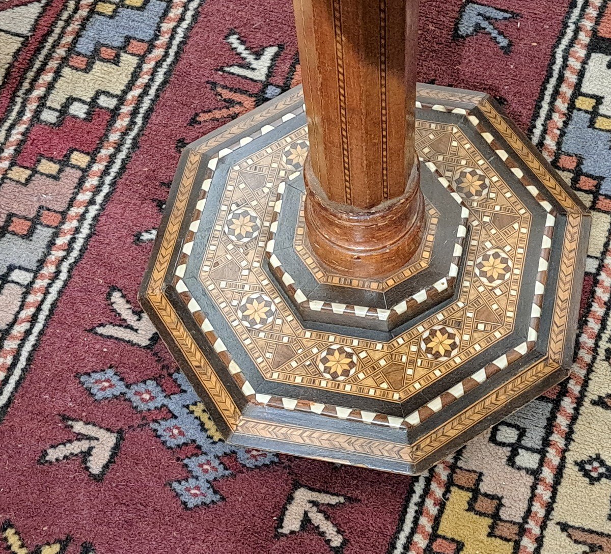 Hexagonal Pedestal Table, Orientalist Marquetry.-photo-5