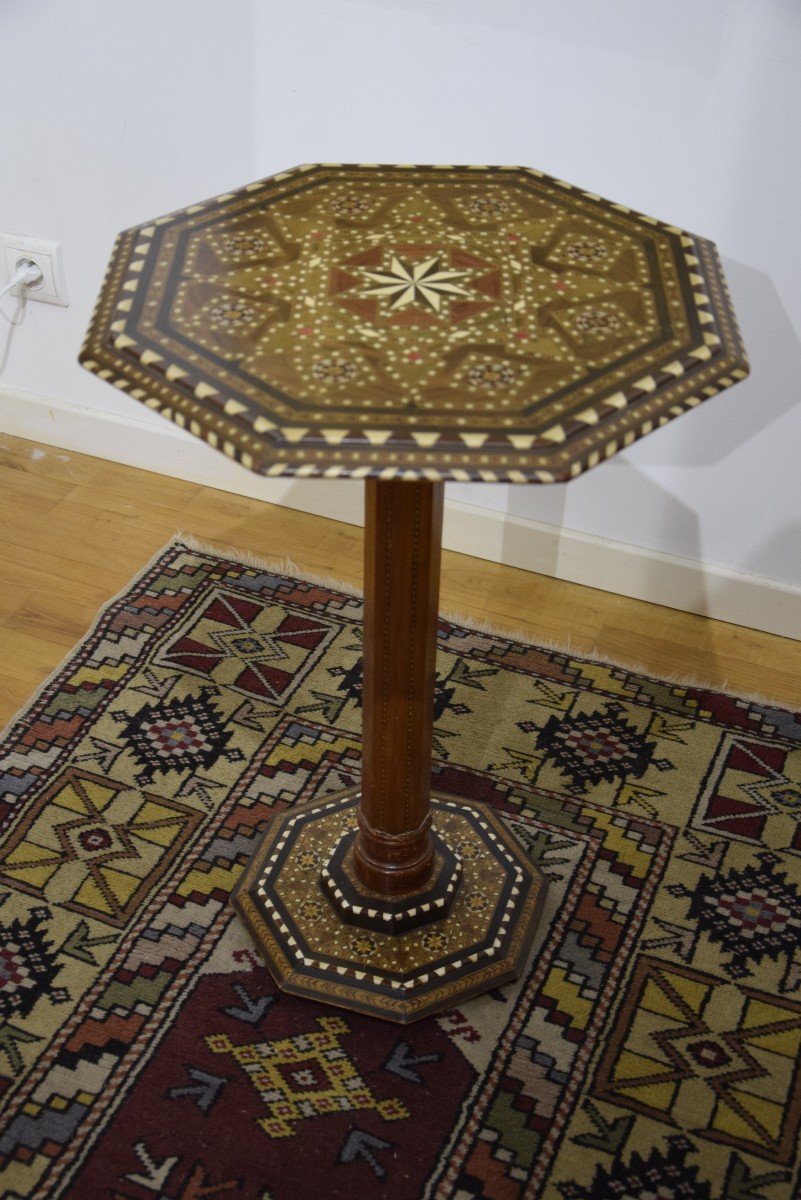 Hexagonal Pedestal Table, Orientalist Marquetry.