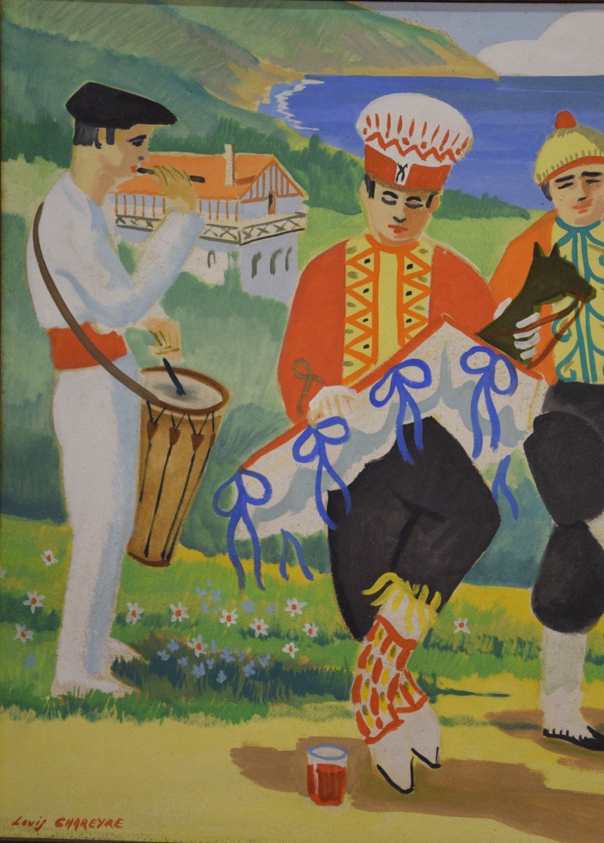 Louis Chareyre ( 1917-1995) Traditions du Pays basque ,grande  huile sur panneau,86 cm x 167 cm-photo-3