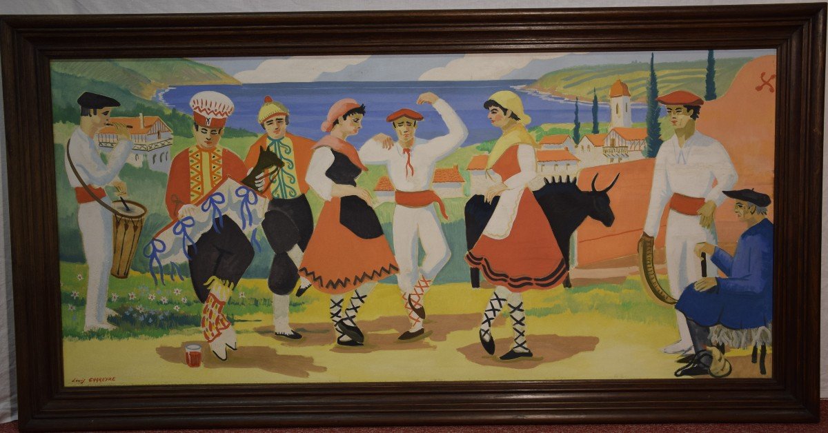 Louis Chareyre ( 1917-1995) Traditions du Pays basque ,grande  huile sur panneau,86 cm x 167 cm