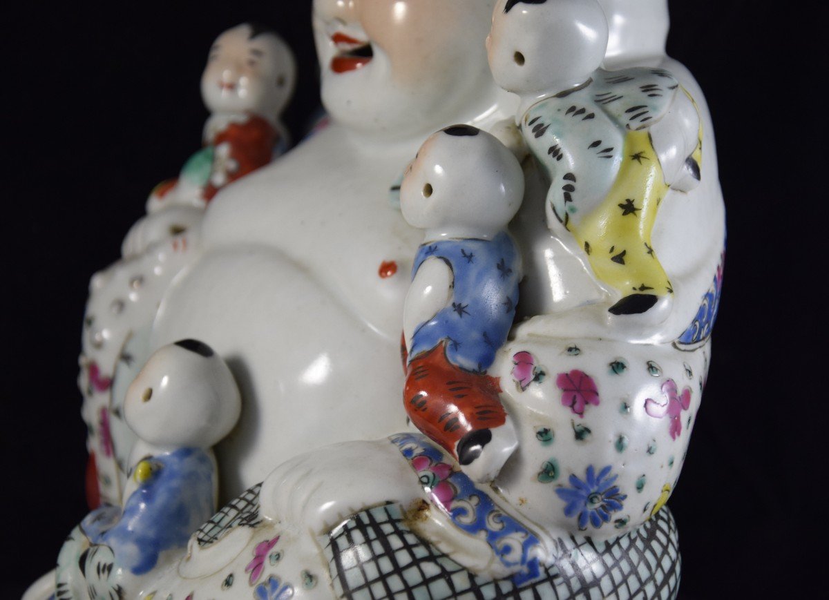 Bouddha  rieur en porcelaine polychrome ,Chine XXème -photo-6