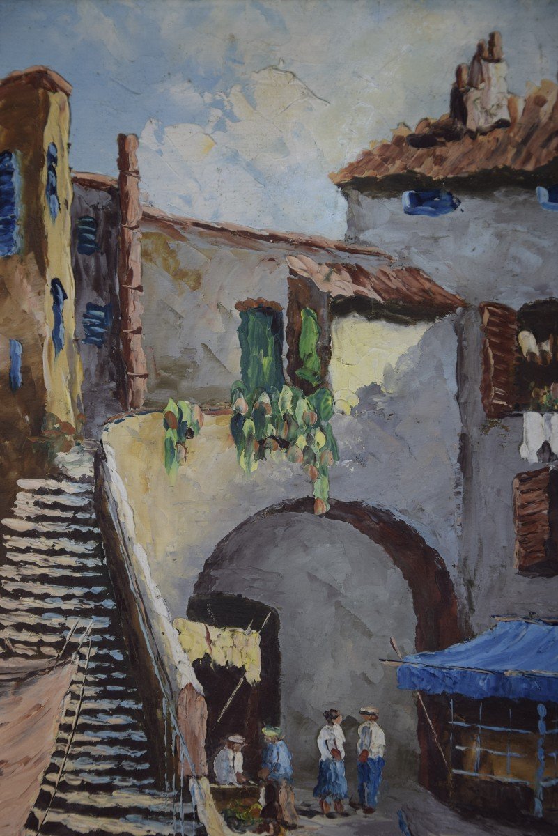 Rudolf Cermak (1883-1947) Place animée d'un village provençal, huile sur panneau.