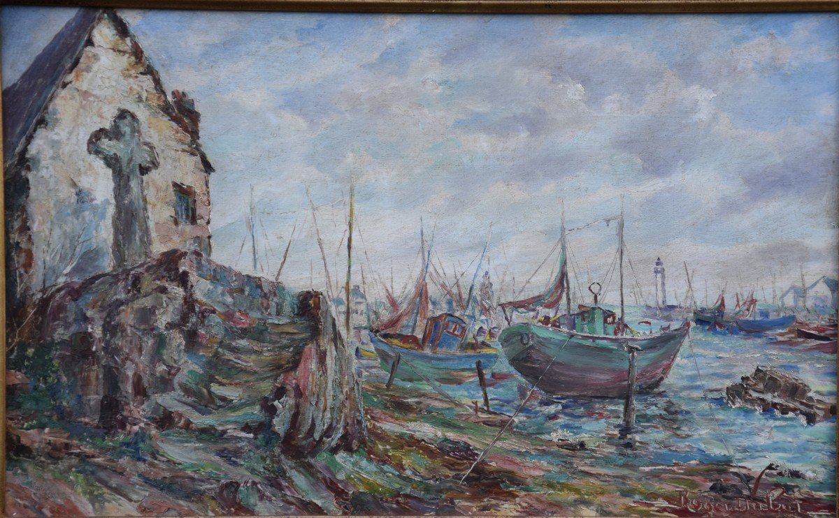 Roger Dubut (1890-1960) Port De Pêche En Bretagne ,huile Sur Panneau-photo-2