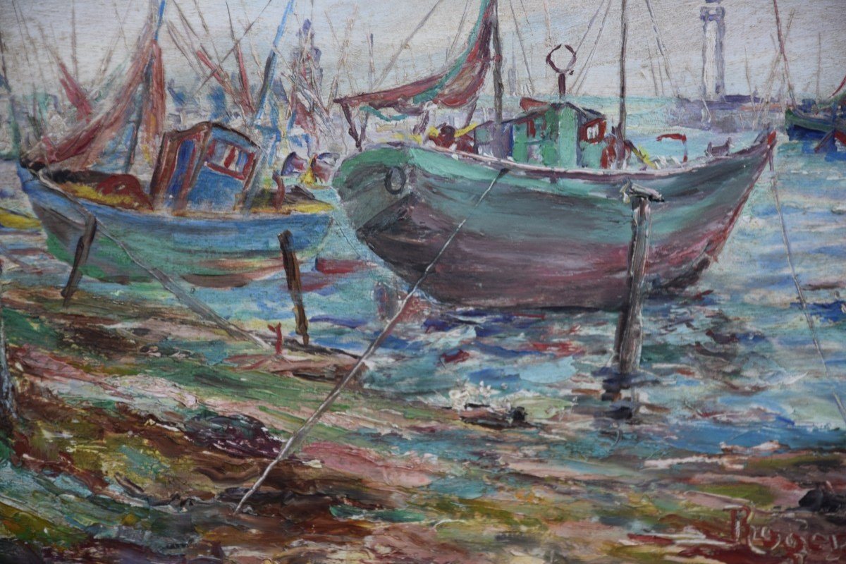 Roger Dubut (1890-1960) Port De Pêche En Bretagne ,huile Sur Panneau-photo-4