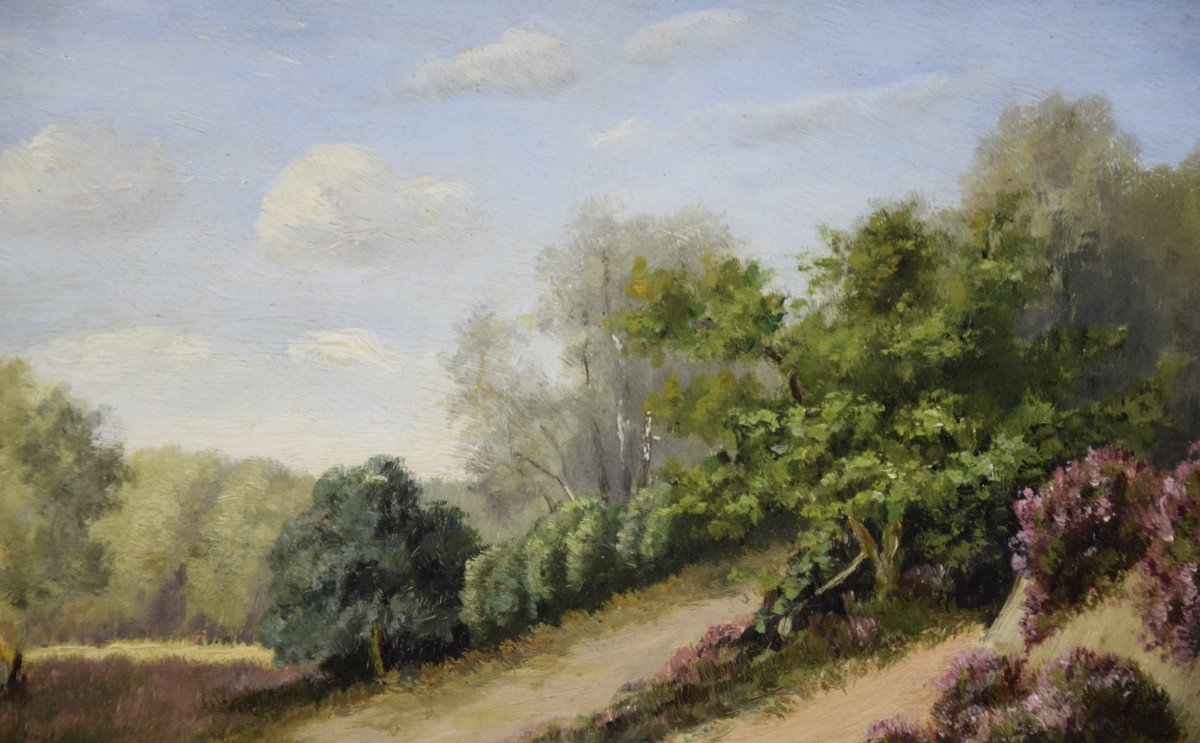Lande De Bruyères, Oil On Panel Signed B. Fal-photo-2