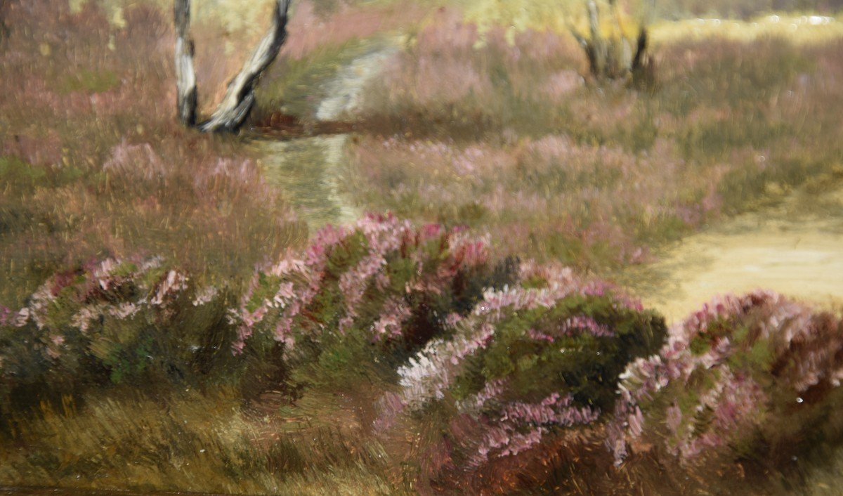 Lande De Bruyères, Oil On Panel Signed B. Fal-photo-4