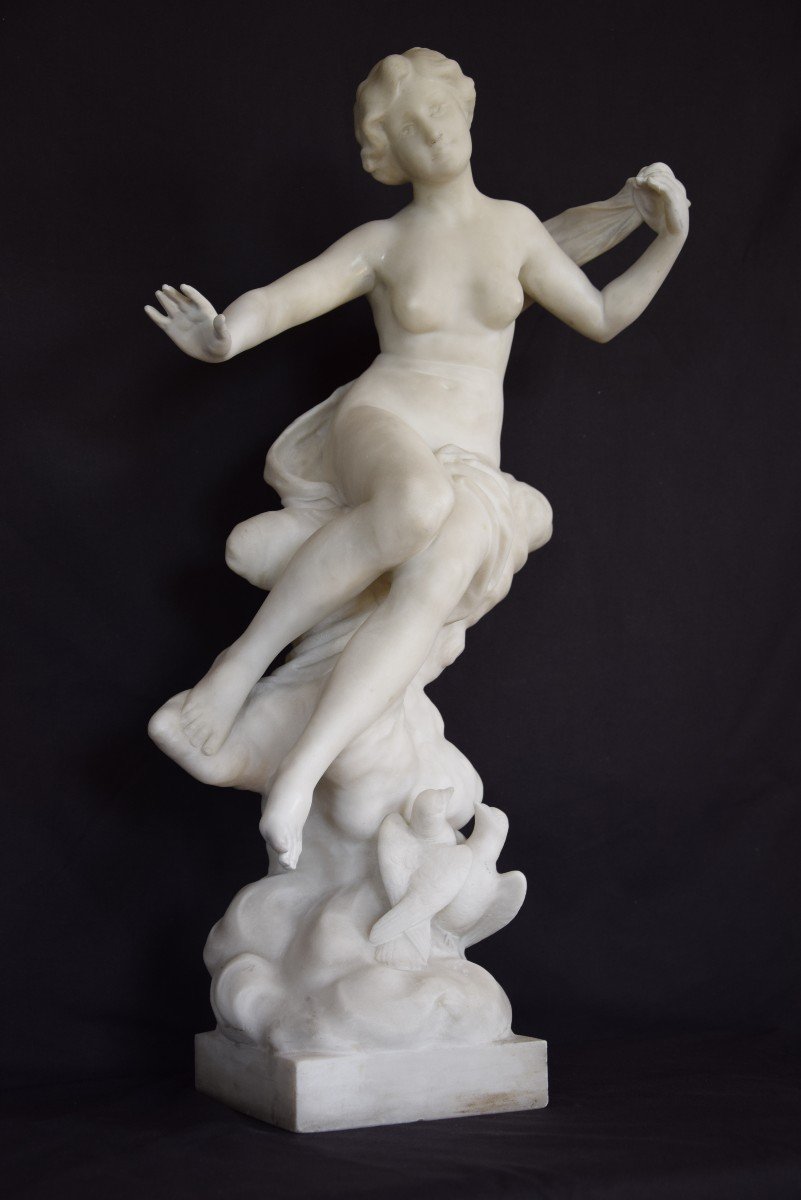 Gustavo Obiols (1858-1910), statue en marbre ,jeune femme  et colombes  h=69 cm-photo-2