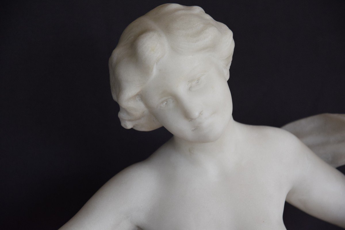 Gustavo Obiols (1858-1910), statue en marbre ,jeune femme  et colombes  h=69 cm-photo-2
