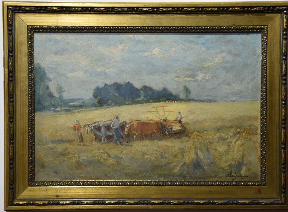 Camille Merlaud  "les moissons en Périgord " huile sur panneau , Ecole de Périgueux . 