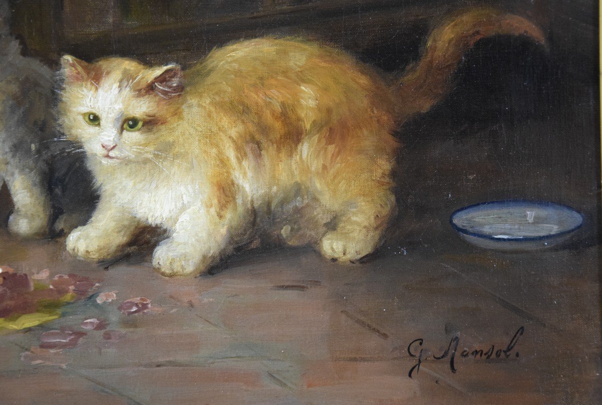 Le repas des chatons  , huile sur toile de G.Mansol vers 1900-photo-2