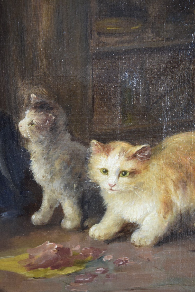 Le repas des chatons  , huile sur toile de G.Mansol vers 1900-photo-6
