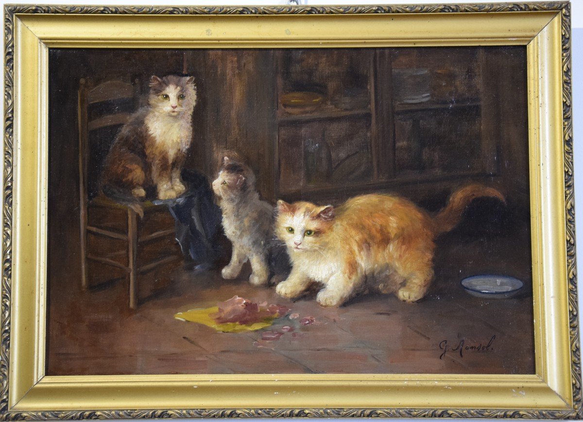 Le repas des chatons  , huile sur toile de G.Mansol vers 1900