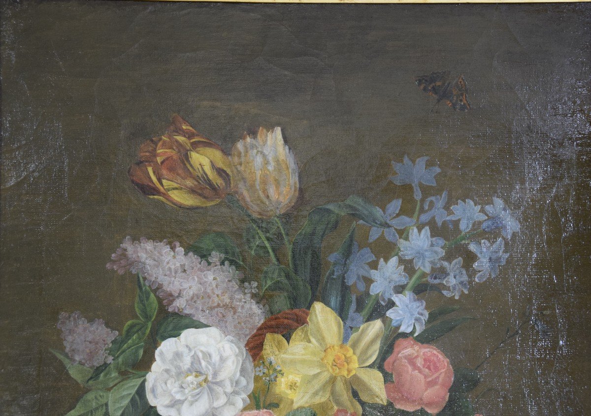 Nature morte au bouquet de fleurs et au papillon  , fin XVIIIème -photo-1