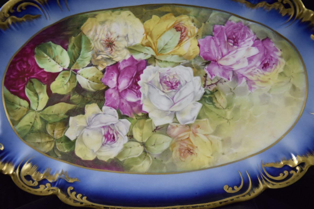 Leon Sazerat ( 1831-1891)  ,porcelaine de Limoges ,grand plat , décor aux roses .-photo-3