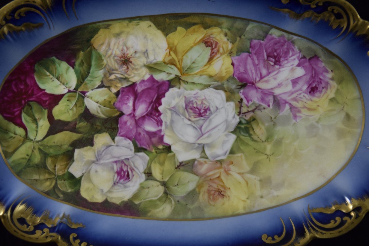 Leon Sazerat ( 1831-1891)  ,porcelaine de Limoges ,grand plat , décor aux roses .-photo-4