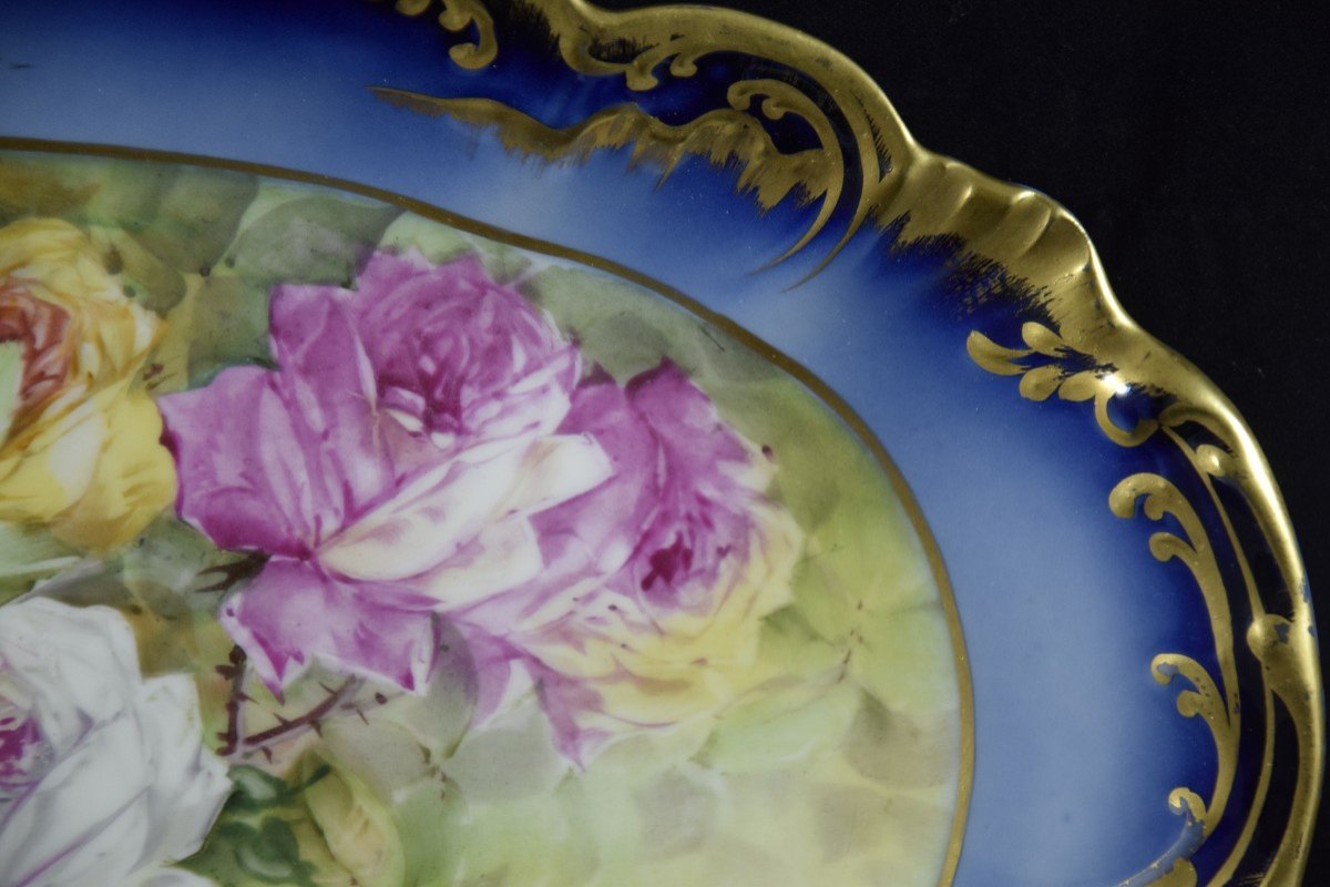Leon Sazerat ( 1831-1891)  ,porcelaine de Limoges ,grand plat , décor aux roses .-photo-5