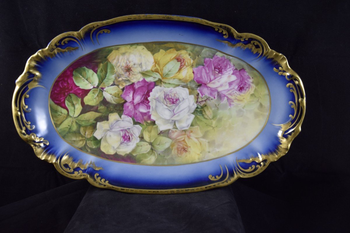 Leon Sazerat ( 1831-1891)  ,porcelaine de Limoges ,grand plat , décor aux roses .