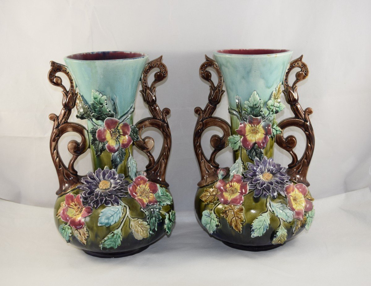 Pair Of Slip Vases, Floral Decoration,-photo-2