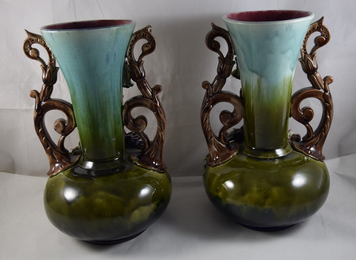 Pair Of Slip Vases, Floral Decoration,-photo-3