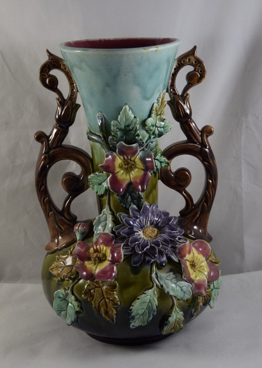 Pair Of Slip Vases, Floral Decoration,-photo-1