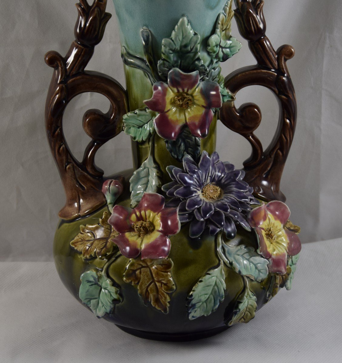 Pair Of Slip Vases, Floral Decoration,-photo-2