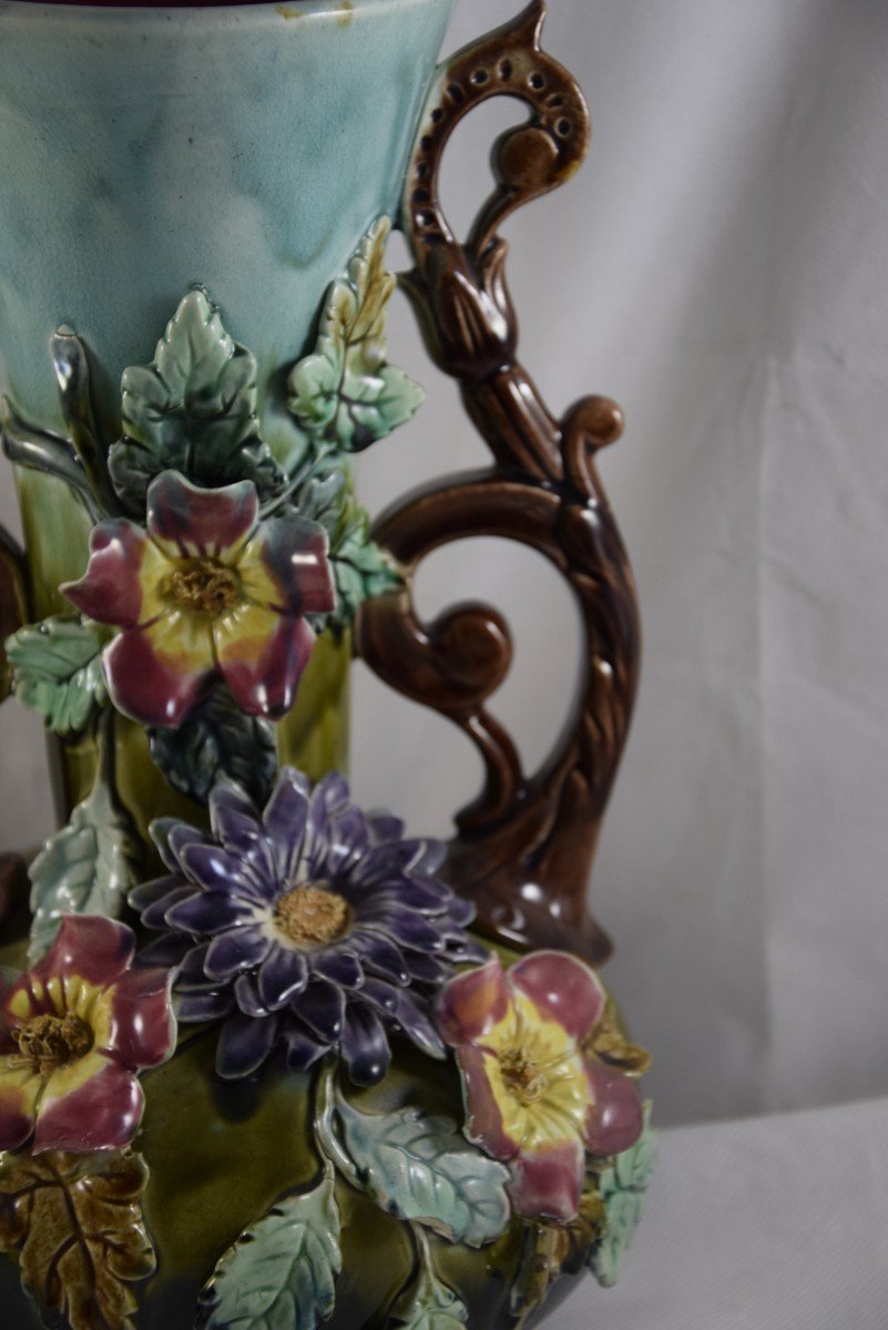 Pair Of Slip Vases, Floral Decoration,-photo-3