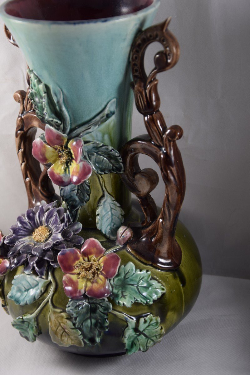 Pair Of Slip Vases, Floral Decoration,-photo-5