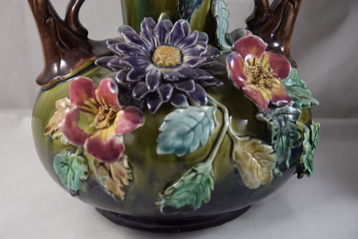 Pair Of Slip Vases, Floral Decoration,-photo-7