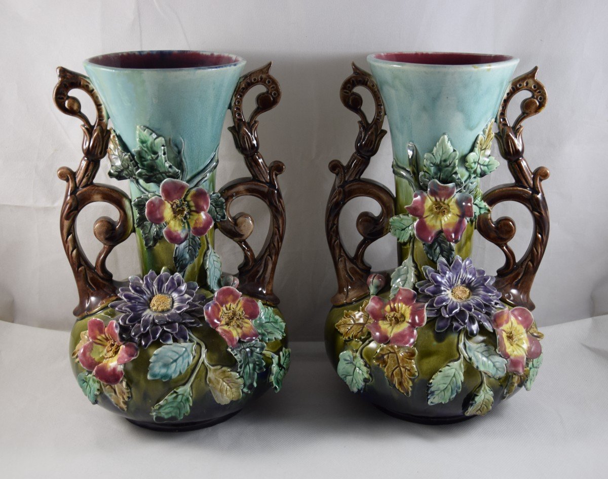 Pair Of Slip Vases, Floral Decoration,