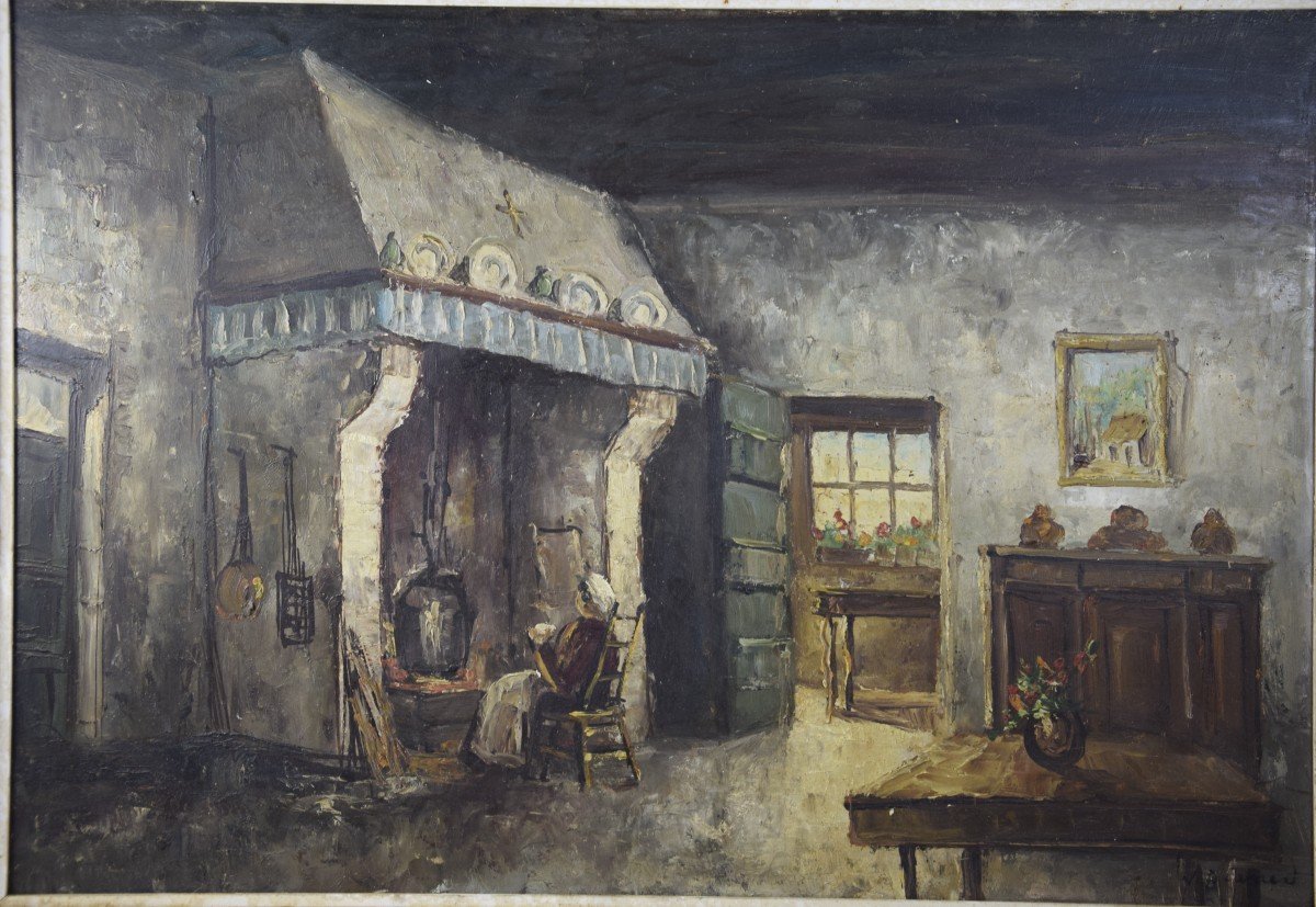 Scène  d'intérieur ,femme devant la cheminée, huile sur panneau -photo-2