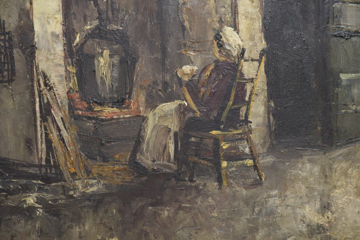 Scène  d'intérieur ,femme devant la cheminée, huile sur panneau -photo-4