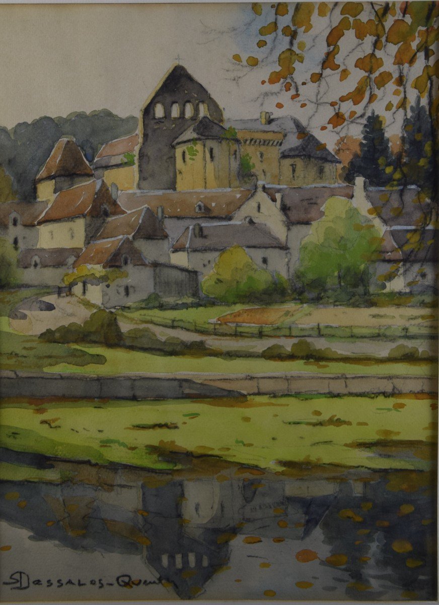 Robert Dessales-Quentin ( 1885-1958)  " le vieux Ajat" en Périgord noir , aquarelle.-photo-1