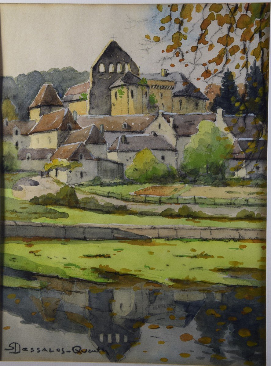 Robert Dessales-Quentin ( 1885-1958)  " le vieux Ajat" en Périgord noir , aquarelle.