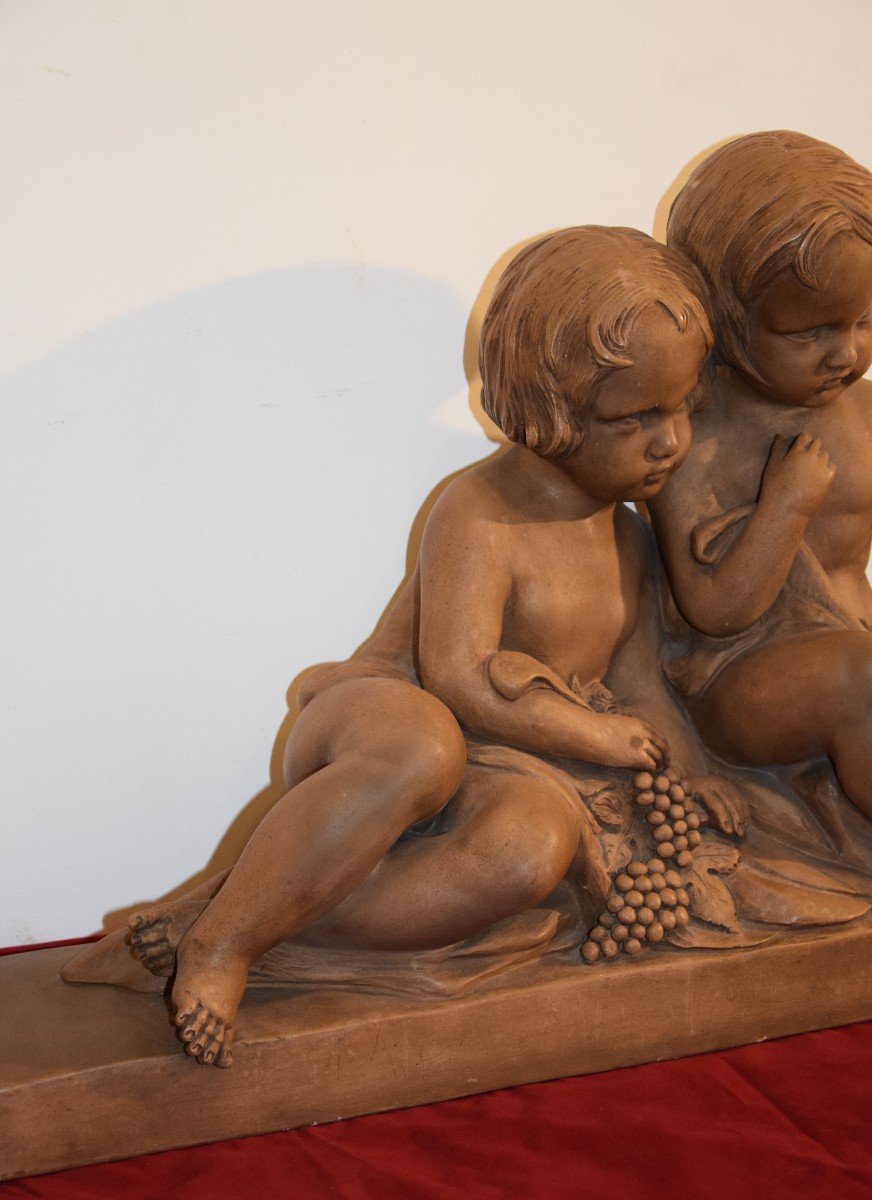 Group Children And Dove, Terracotta Signed Eribe Around 1925-photo-1