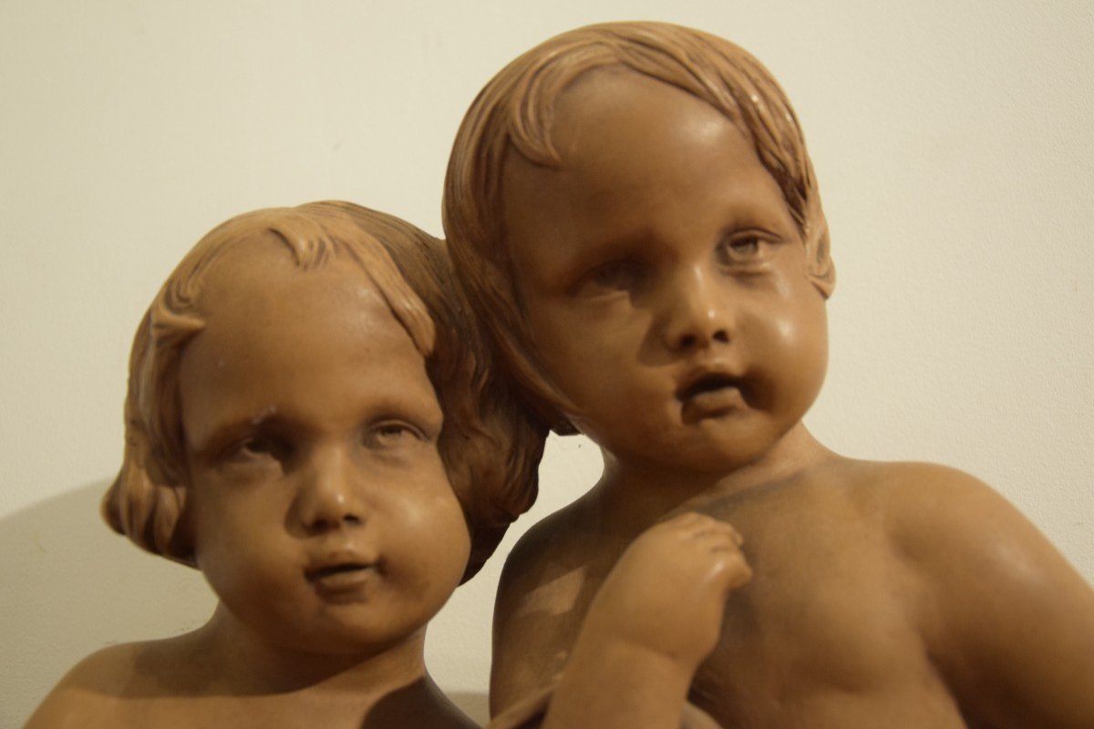 Group Children And Dove, Terracotta Signed Eribe Around 1925-photo-6