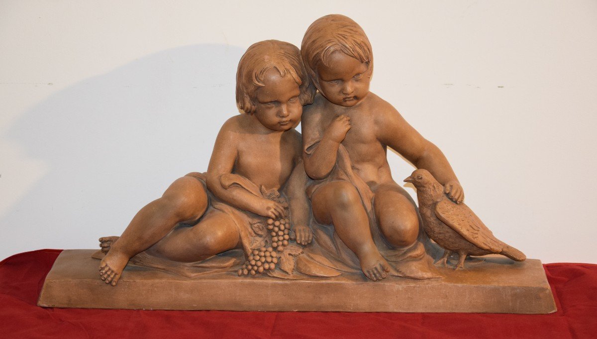 Group Children And Dove, Terracotta Signed Eribe Around 1925