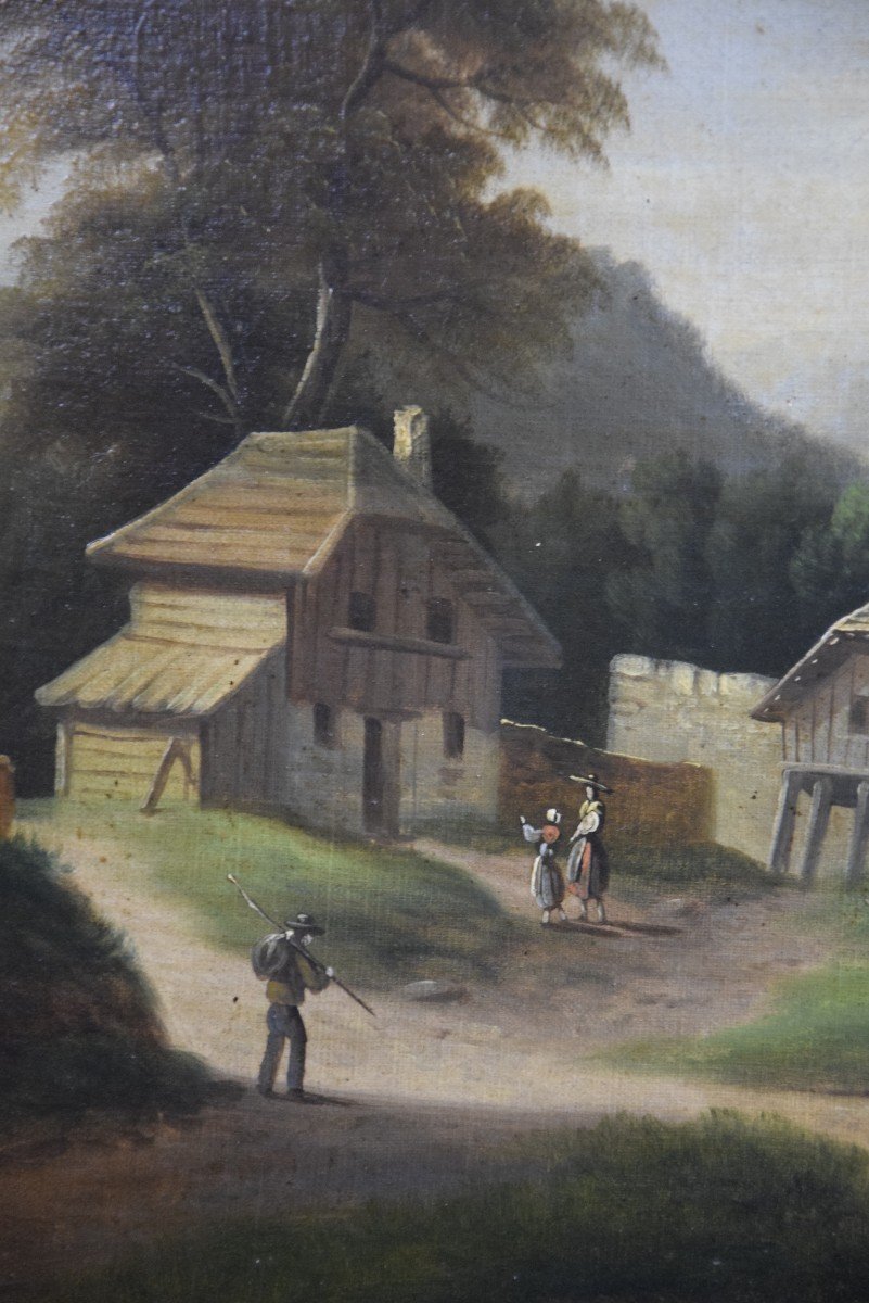 Paysage animé , village au bord d'une rivière, Ecole romantique , huile sur toile XIXème-photo-2