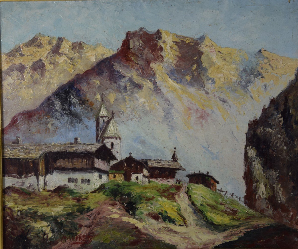 Village At The Foot Of A Mountain Range, Oil On Cardboard -photo-4