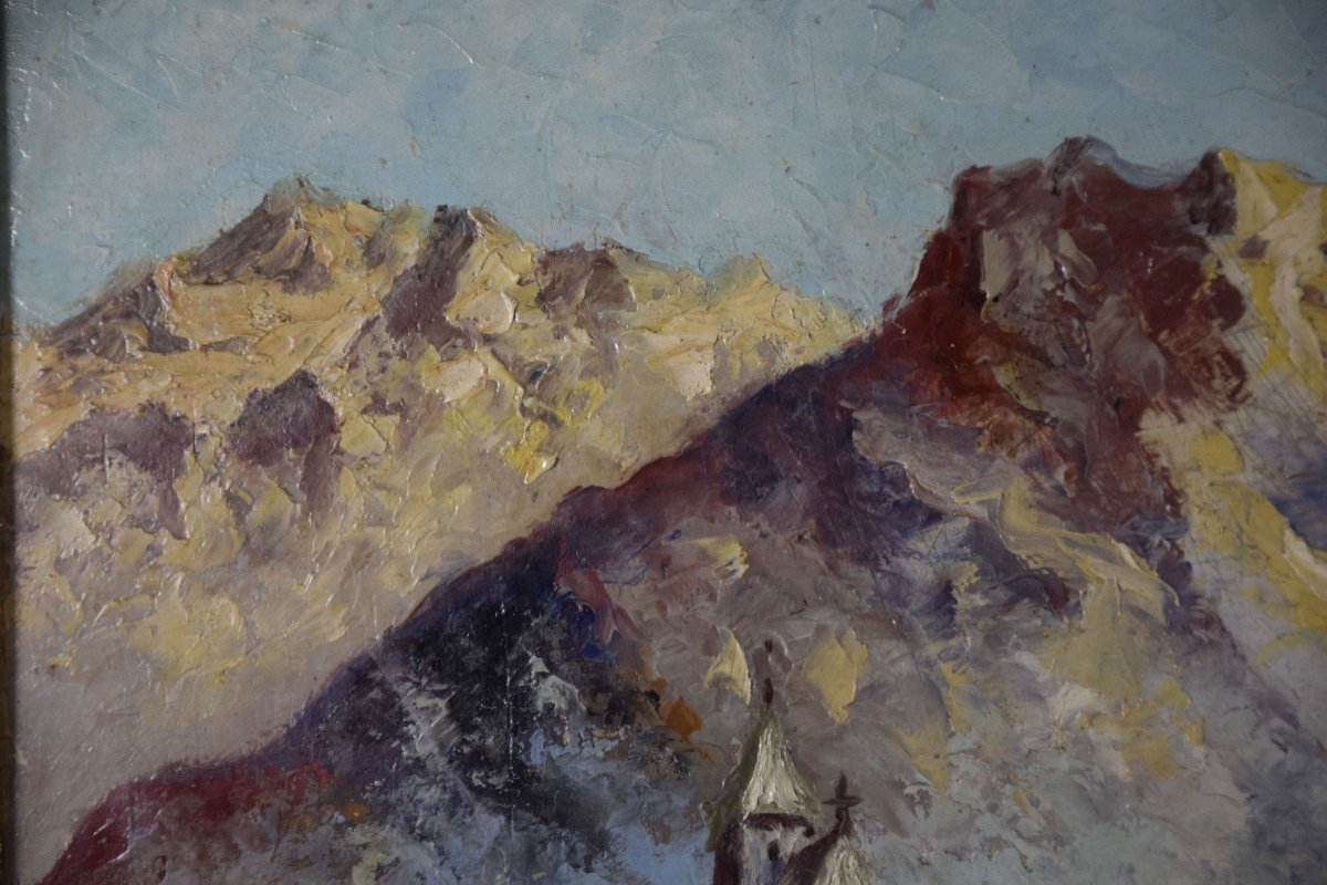 Village At The Foot Of A Mountain Range, Oil On Cardboard -photo-2