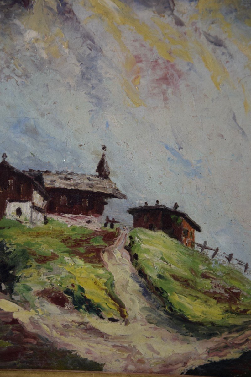 Village At The Foot Of A Mountain Range, Oil On Cardboard -photo-4