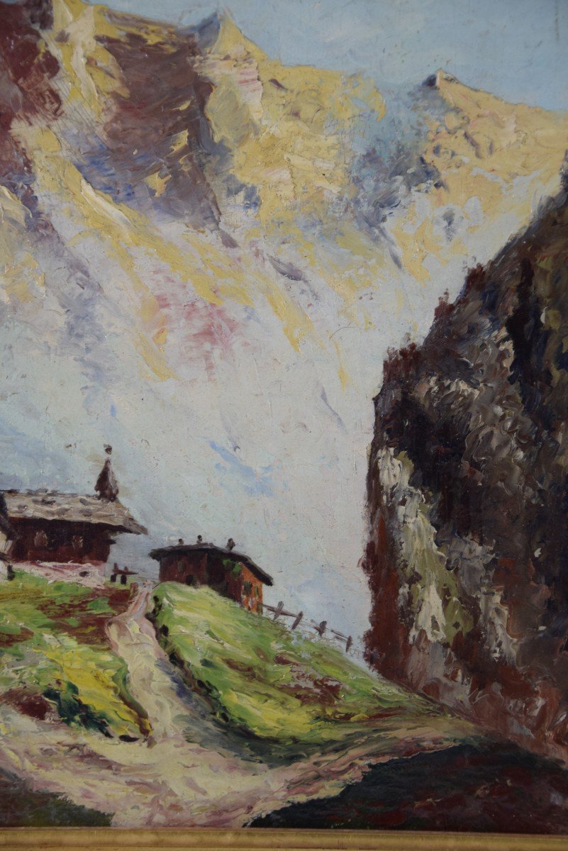 Village At The Foot Of A Mountain Range, Oil On Cardboard -photo-5